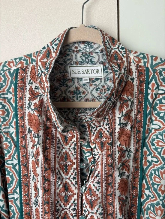 Anthropologie Sue Sartor Block Print Midi Dress 3X Teal Boho Ruffle Picnic 100% - Picture 4 of 5